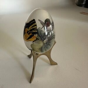 Vintage Reverse Painted Art Glass Egg w/Hummingbird & Butterfly on a Brass Stand